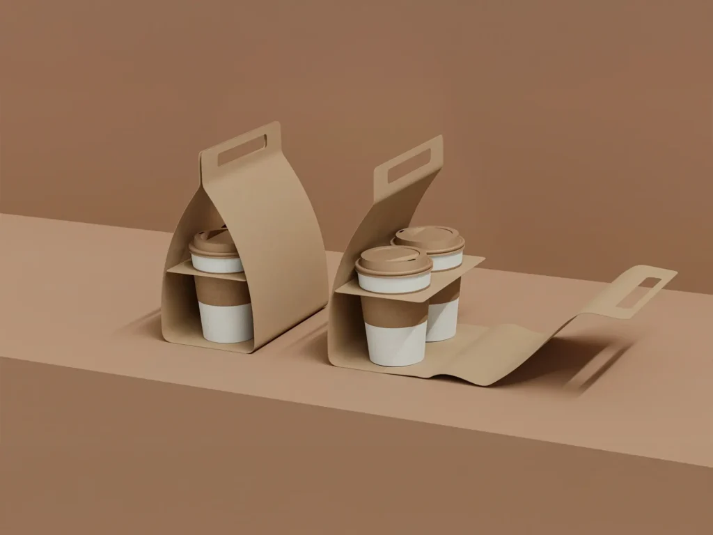 Cardboard coffee cup holder packaging printed with custom cafe branding