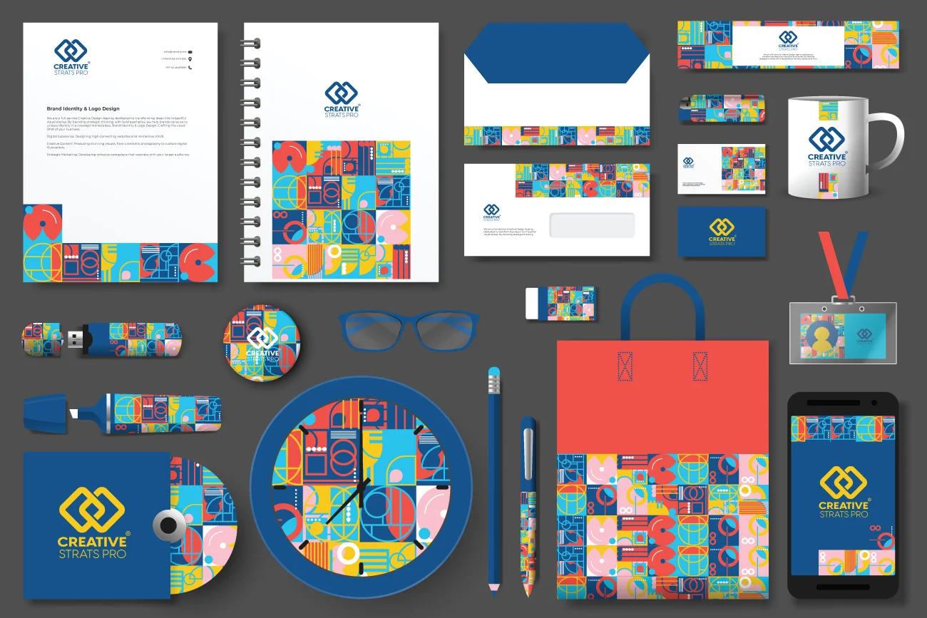 Comprehensive corporate printing display featuring professional business stationery, marketing collateral, and custom-branded office supplies.