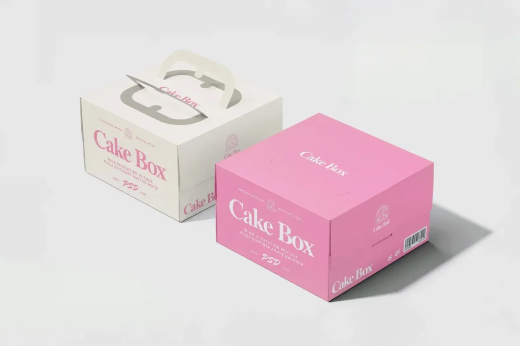 Custom sturdy cake box with clear window displaying safe hygienic packaging for bakeries, restaurants, cafes, and catering businesses.