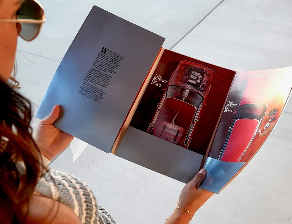 open brochure showcasing product information and design