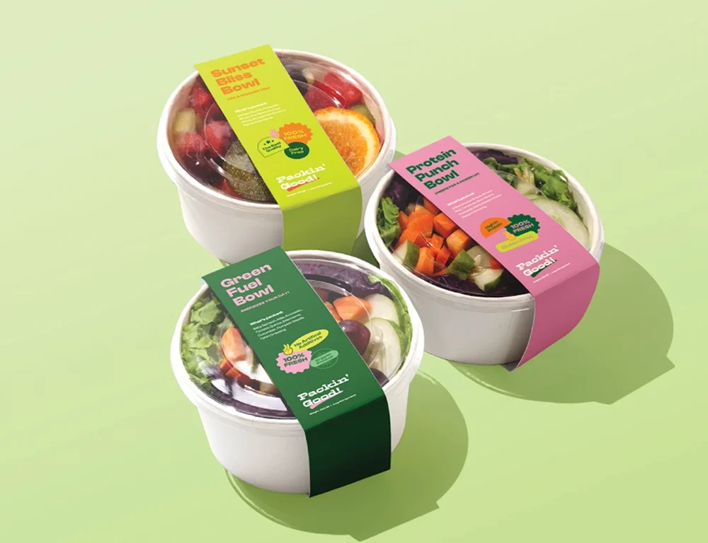 printed takeaway sleeve wrapped around salad bowl container