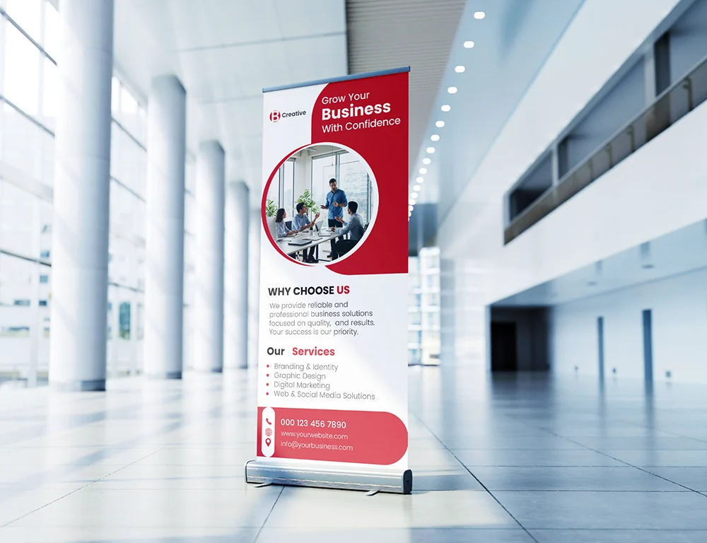 standard size roll up banner with promotional branding