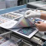 Quality inspection of printed marketing materials during commercial printing to ensure accurate colours and premium print quality
