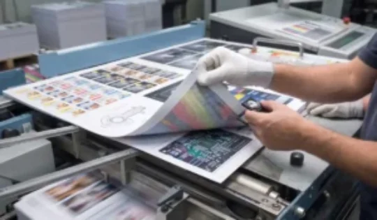 Quality inspection of printed marketing materials during commercial printing to ensure accurate colours and premium print quality